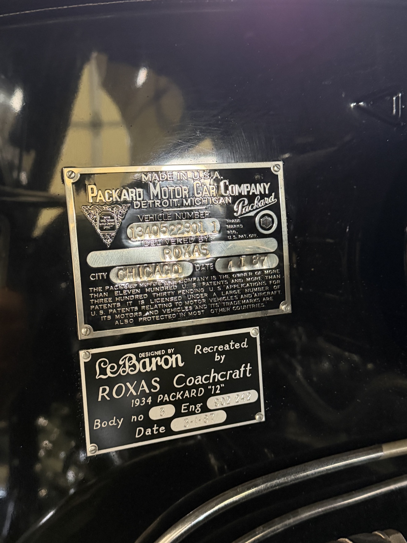 Packard data plate and LeBaron coachcraft plate on the 1934 Packard Twelve