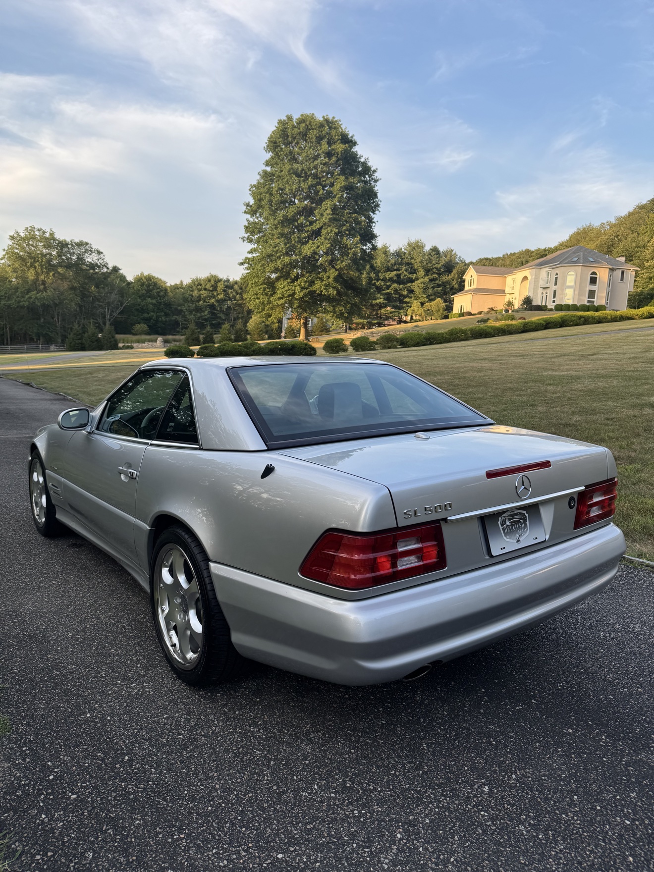 Silver Mercedes-Benz SL500 rear three-quarter view with SL 500 badge