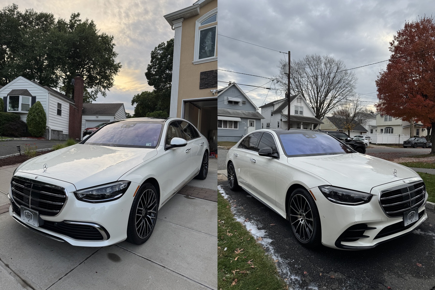 Two white Mercedes-Benz S580 sedans detailed by Yael